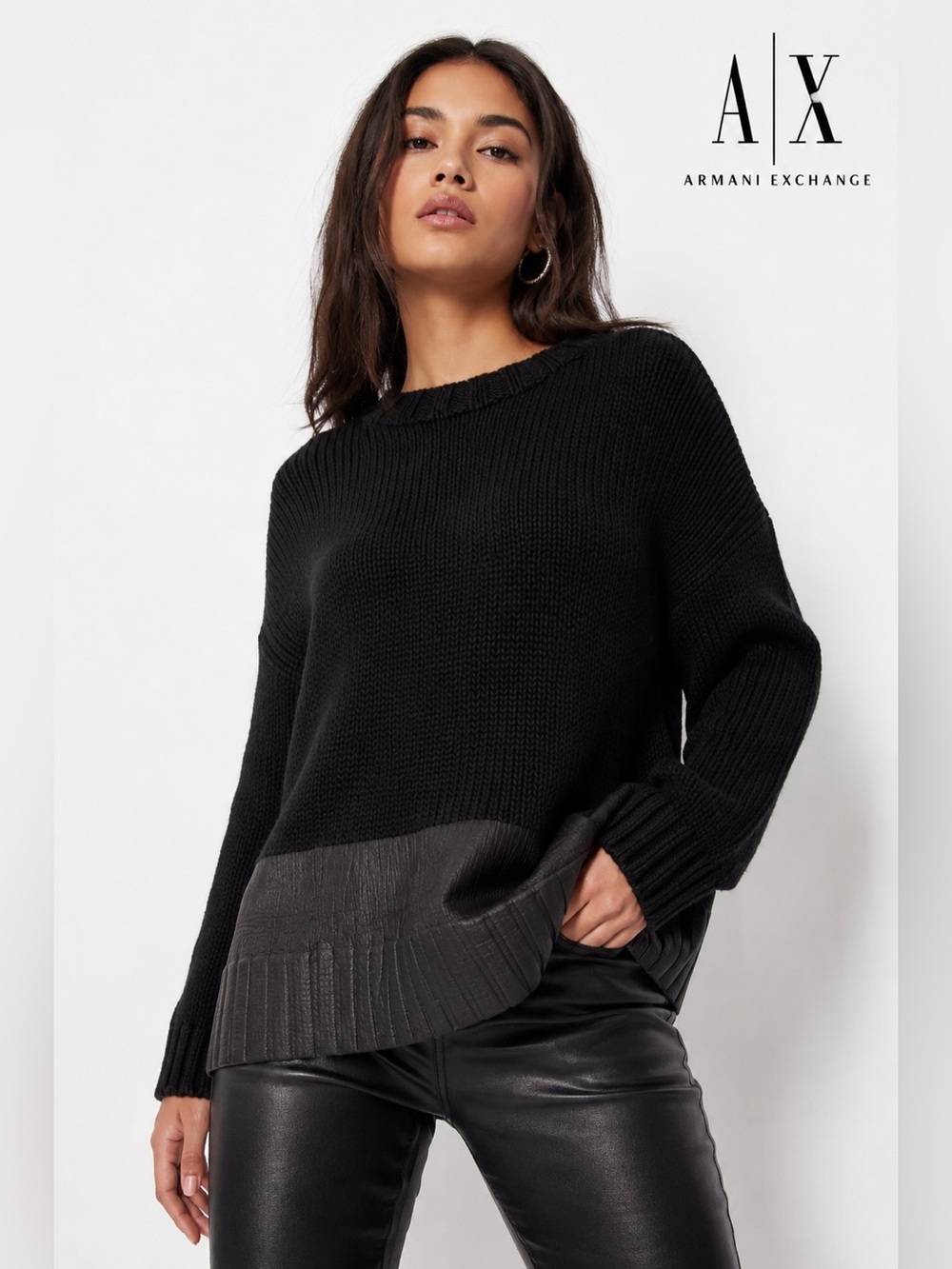 Armani Exchange Black Chunky Knit Sweater Faux Leather Hem Trim Pullover M